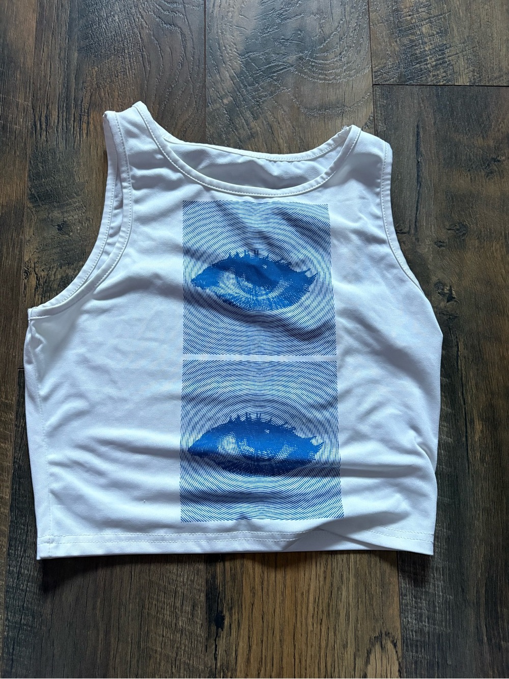Brandy Melville White Crop Tank with Blue Graphic Eye Print
